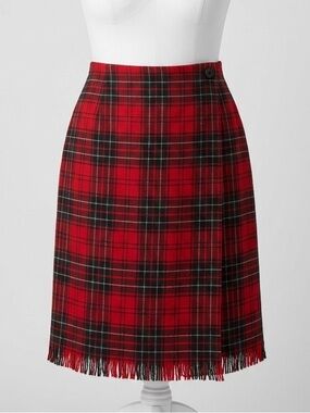 Rafaella Vintage 90s Red Tartan Plaid Worsted Wool Fringe Hem Wrap Skirt Size 16